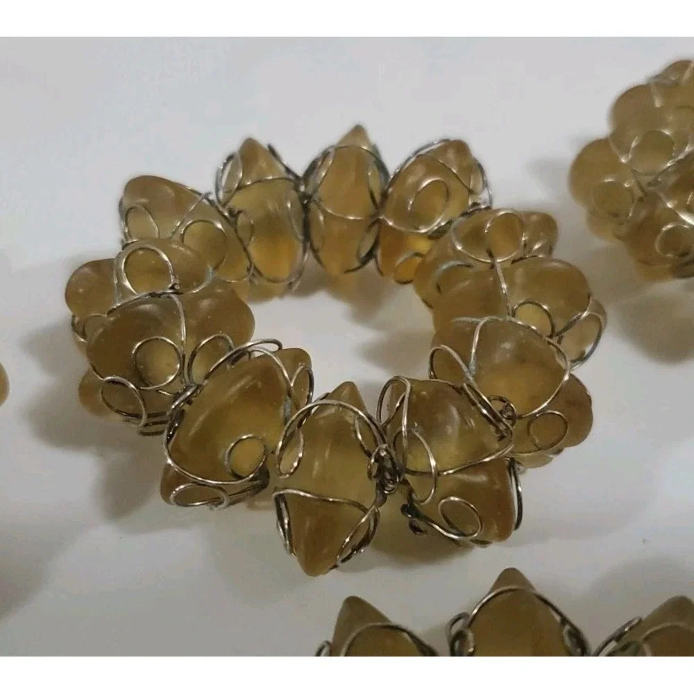 Vintage Yellow‎ Beige Stone and Wire Napkin Rings set of 8 Abstract Bohemian